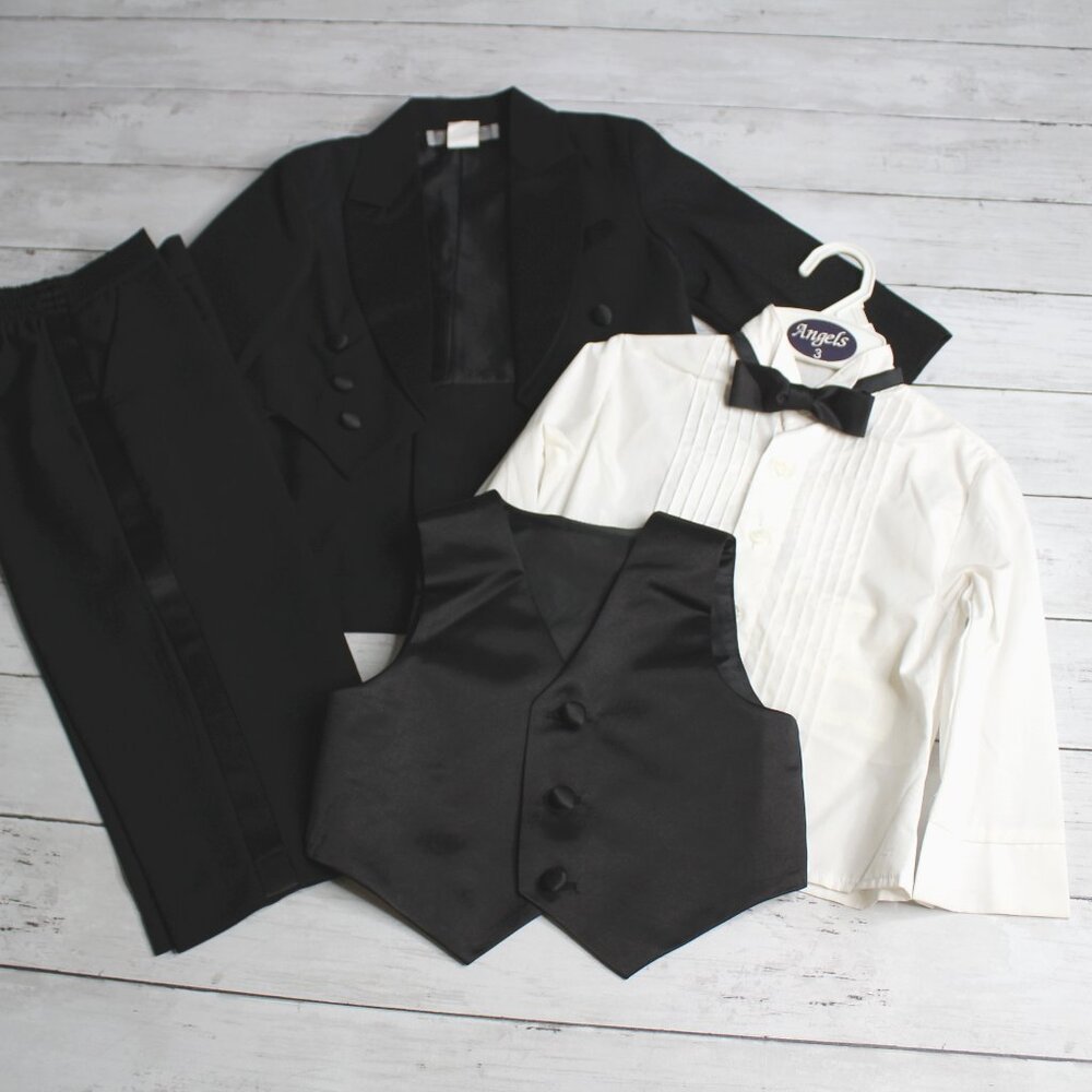 Angels Vintage Boy's Black Tuxedo Suit Size 2T 3T Formal Coat Shirt Pant